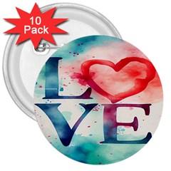 Valentines Day Heart Watercolor Background 3  Buttons (10 Pack) 