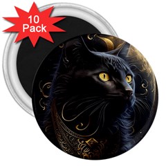 Ai Generated Cat Moon Feline Cute 3  Magnets (10 Pack)  by Ravend