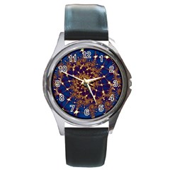 Fractal Spiral Art Pattern Blue Design Round Metal Watch