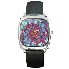 Fractals Abstract Art Cyan Spiral Vortex Pattern Square Metal Watch by Ravend