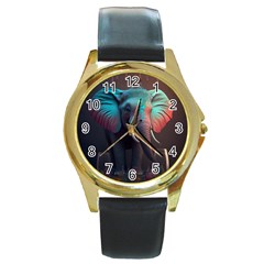 Ai Generated Elephant Tusks Trunk Wildlife Africa Round Gold Metal Watch