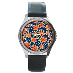 Flowers and Polka Dots Watercolor Round Metal Watch