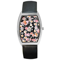 Boho Black Pink Flowers Watercolor Vi Barrel Style Metal Watch by GardenOfOphir