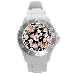 Boho Black Pink Flowers Watercolor Vi Round Plastic Sport Watch (l) by GardenOfOphir