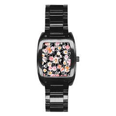 Boho Black Pink Flowers Watercolor Vi Stainless Steel Barrel Watch by GardenOfOphir