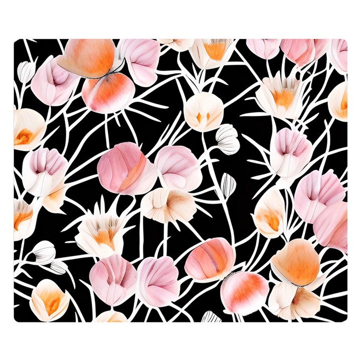 Boho Black Pink Flowers Watercolor VI Premium Plush Fleece Blanket (Small)