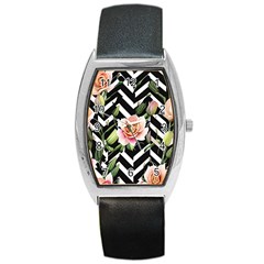 Black Chevron Peach Lilies Barrel Style Metal Watch by GardenOfOphir