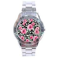 Watercolor Flowers Botanical Foliage Stainless Steel Analogue Watch by GardenOfOphir