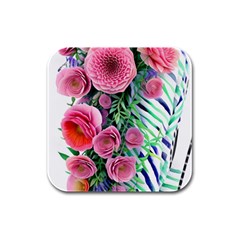 Adorned Watercolor Flowers Rubber Square Coaster (4 Pack) by GardenOfOphir