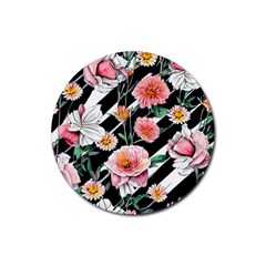 Exotic Watercolor Botanical Flowers Pattern Rubber Round Coaster (4 Pack)