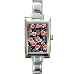 Botanical Black Pink Flowers Pattern Rectangle Italian Charm Watch