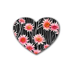 Botanical Black Pink Flowers Pattern Rubber Heart Coaster (4 pack)