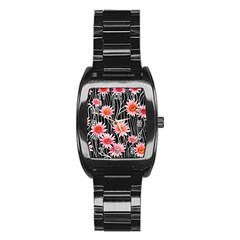 Botanical Black Pink Flowers Pattern Stainless Steel Barrel Watch by GardenOfOphir