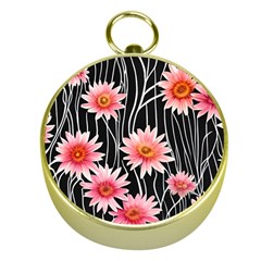 Botanical Black Pink Flowers Pattern Gold Compasses