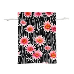 Botanical Black Pink Flowers Pattern Lightweight Drawstring Pouch (L)