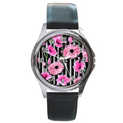 Black Stripes Beautifully Watercolor Flowers Round Metal Watch by GardenOfOphir