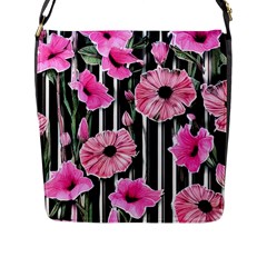 Black Stripes Beautifully Watercolor Flowers Flap Closure Messenger Bag (l) by GardenOfOphir