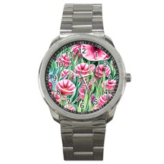 Cute Watercolor Flowers And Foliage Sport Metal Watch by GardenOfOphir