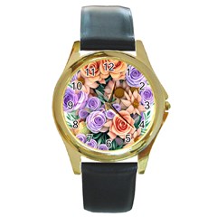 Cheerful And Captivating Watercolor Flowers Round Gold Metal Watch by GardenOfOphir