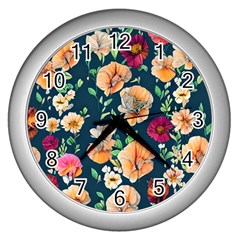 Charming Foliage – Watercolor Flowers Botanical Wall Clock (silver) by GardenOfOphir