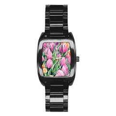 Cheerful Watercolor Flowers Stainless Steel Barrel Watch by GardenOfOphir