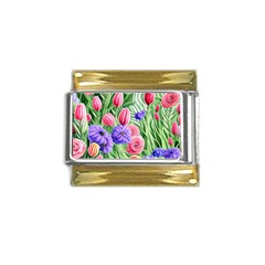 Exquisite Watercolor Flowers Gold Trim Italian Charm (9mm) by GardenOfOphir