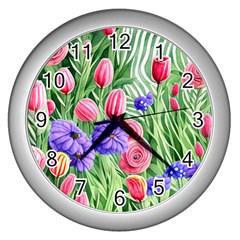 Exquisite Watercolor Flowers Wall Clock (silver) by GardenOfOphir