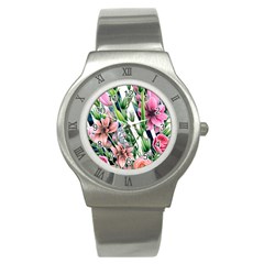Sumptuous Watercolor Flowers Stainless Steel Watch by GardenOfOphir