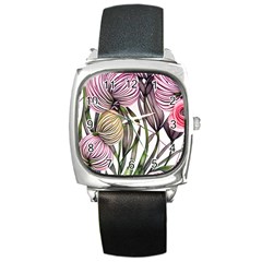 Charming And Cheerful Watercolor Flowers Square Metal Watch by GardenOfOphir