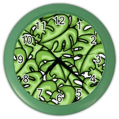 Leaves Nature Monstera Seamless Pattern Repeating Color Wall Clock by Ravend