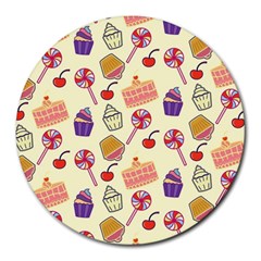 Happy Birthday Cupcake Pattern Lollipop Flat Design Round Mousepad by Ravend
