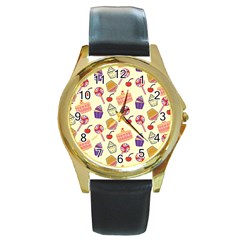 Happy Birthday Cupcake Pattern Lollipop Flat Design Round Gold Metal Watch by Ravend