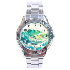 Ai Generated Waves Ocean Sea Tsunami Nautical Art Stainless Steel Analogue Watch by Ravend