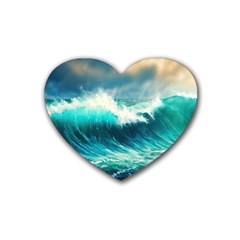 Ai Generated Waves Ocean Sea Tsunami Nautical Painting Rubber Heart Coaster (4 Pack)