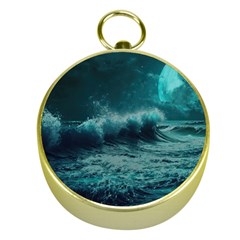 Ai Generated Waves Ocean Sea Tsunami Nautical Blue Sea Art Gold Compasses