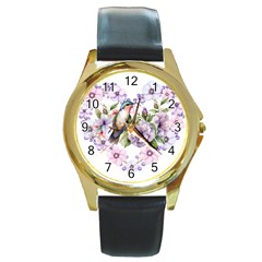 Hummingbird In Floral Heart Round Gold Metal Watch by augustinet