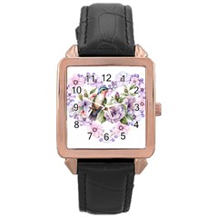 Hummingbird In Floral Heart Rose Gold Leather Watch  by augustinet