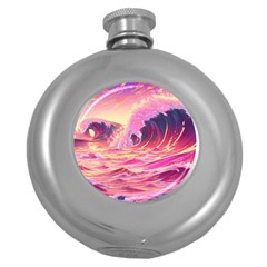 Ai Generated Waves Ocean Sea Tsunami Nautical Red Yellow Round Hip Flask (5 Oz)