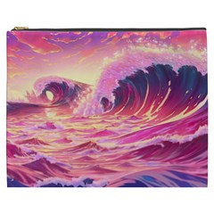 Ai Generated Waves Ocean Sea Tsunami Nautical Red Yellow Cosmetic Bag (xxxl) by Ravend