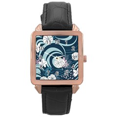 Flowers Pattern Floral Ocean Abstract Digital Art Rose Gold Leather Watch 