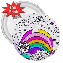 Rainbow Fun Cute Minimal Doodle Drawing Art 3  Buttons (100 Pack) 