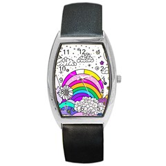 Rainbow Fun Cute Minimal Doodle Drawing Art Barrel Style Metal Watch by Ravend