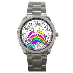 Rainbow Fun Cute Minimal Doodle Drawing Art Sport Metal Watch