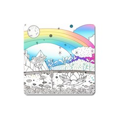 Rainbow Fun Cute Minimal Doodle Drawing Arts Square Magnet by Ravend