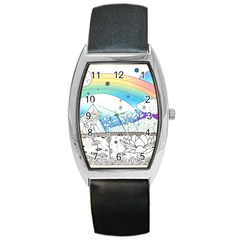 Rainbow Fun Cute Minimal Doodle Drawing Arts Barrel Style Metal Watch