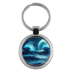 Moonlight High Tide Storm Tsunami Waves Ocean Sea Key Chain (round)