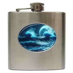 Moonlight High Tide Storm Tsunami Waves Ocean Sea Hip Flask (6 Oz)