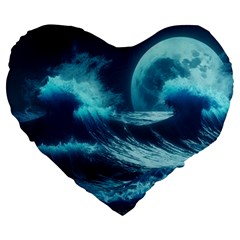 Moonlight High Tide Storm Tsunami Waves Ocean Sea Large 19  Premium Flano Heart Shape Cushions