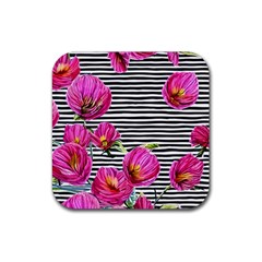 Pink Flowers Black Stripes Rubber Coaster (square) by GardenOfOphir