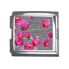 Pink Flowers Black Stripes Mega Link Italian Charm (18mm)